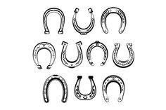 a set of horseshoes drawn in black and white on a white background stock illustration