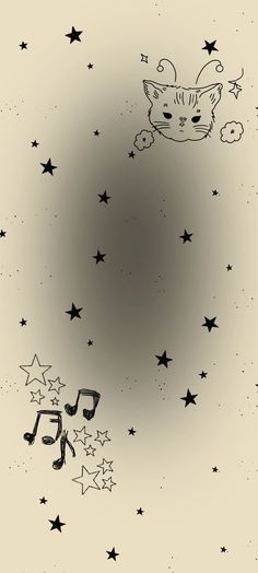 a drawing of a dog flying in the sky with stars around it and music notes below