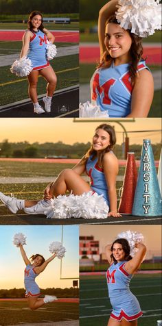 Cheerleader Senior photography at stadium at sunset with Pom poms Cheer Poses With Megaphone, Cheerleader Pictures Poses, Media Day Cheer Poses, Individual Cheer Picture Poses, Cheer Poses Individual, Cute Cheer Poses Individual, Cheer Photoshoot Poses, Cheerleader Photoshoot Ideas, Cheerleading Photoshoot