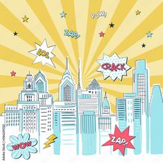 cartoon cityscape with comic speech bubbles and stars in the sky, pop art