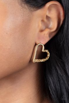 One side of a glistening gold heart frame is subtlety twisted with twinkly texture, creating a romantic display. Earring attaches to a standard post fitting. Sold as one pair of post earrings.P5PO-GDXX-185XX Gold Heart Earring, Copper Heart, Jewelry Watch, Silver Caps, Silver Wings, Heart Frame, Paparazzi Accessories, Blue Gems, Paparazzi Jewelry