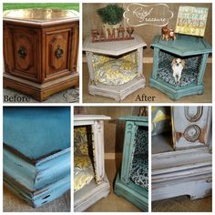 four different pictures of an old dresser and other items that have been repurposed to look like furniture