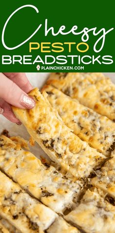 cheesy prestoo breadsticks with melted cheese on top and green background