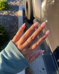 First Kiss Nail Color, Medium Almond Nails Designs Spring, Basic Nails Almond Shape, Clear Pink Almond Acrylic Nails, Almond Nail Solid Color, Dnd Acrylic Nails, Mail Inspo 2023 Almond, Translucent Pink Nails Almond, Almond Nails Solid Color Spring