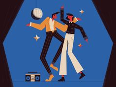 two men are dancing in front of a boombox