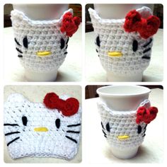 crocheted hello kitty coffee cup sleeve with red flowers on top and bottom, in three different views