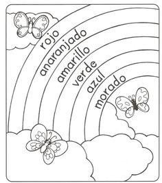 a coloring page with butterflies and rainbows in the sky, on top of clouds