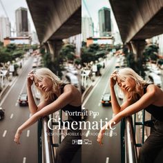 two beautiful women sitting on the side of a metal railing in front of a city street