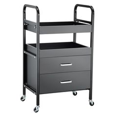 a black cart with two drawers and wheels on the bottom, one drawer is open