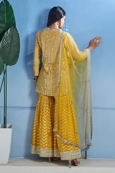 Yellow kurta with zari and patra embroidery. Paired with a chevron pattern sharara and dupatta. - Aza Fashions Radhika Madan, Yellow Kurta, Kurta Sharara Set, Genelia D'souza, Rhea Kapoor, Mira Rajput, Kurta Sharara, Sanya Malhotra, Women Kurta