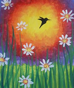 a painting of a bird flying over daisies in the sunset with grass and flowers