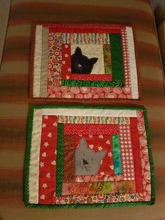 two quilted placemats with cats on them