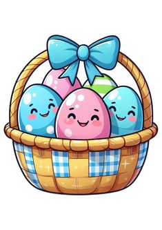 an easter basket filled with eggs and smiling faces