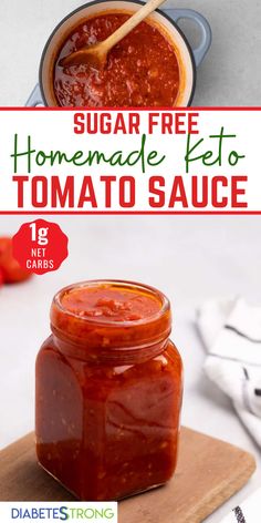 a jar of homemade tomato sauce on a cutting board