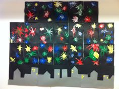 several pieces of art made to look like fireworks in the night sky and cityscape