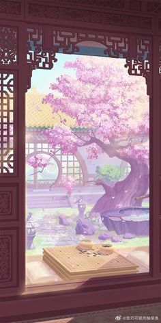 an open window with pink flowers on it and a tree in the background, looking out onto a pond