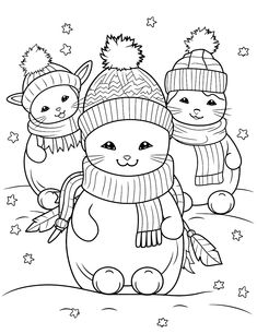 three cats wearing winter hats and scarves coloring page for kids with stars in the background