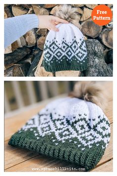 two pictures showing how to knit a beanie hat