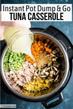 Broth is pouring over tuna casserole ingredients in the Instant Pot. Title: Instant Pot Dump & Go Tuna Casserole. Instant Pot Tuna Noodle Casserole, Quick Cheap Meals, Tuna Noodle Casserole, Tuna Noodle, Tuna Casserole, One Pot Dinner, Noodle Casserole, Cheesy Sauce, Instant Pot Dinner Recipes