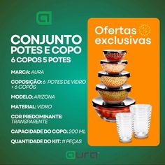 an advertisement for conjunto pots e copo and cups in spanish, with the caption's description below