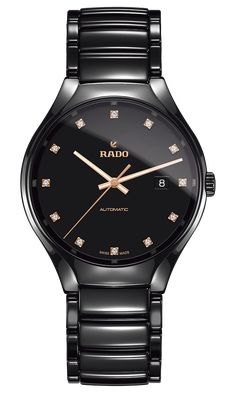 A watch of luxury and opulence, this Rado men’s watch keeps its look sleek and simple. The sophisticated chunky black case, dial and strap make the perfect background for the luminous gold hands and hour markers, indented with tiny diamonds for a style that screams of affluence. Made with high-quality, high-tech ceramic, this tough timepiece feels reassuringly heavy on your wrist and has a power reserve of up to 80 hours. Water resistant up to 50m, it comes complete with a two-year manufacturers Rado Captain Cook, Rado Watch, Watches Expensive, Mens Watches Expensive, Timeless Watch, Swiss Watch Brands, Ceramic Watch, Titanium Bracelet, Watch Photo