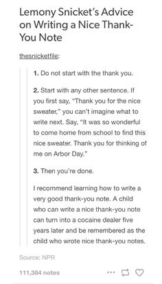 a note from someone who wrote the poem lemony snickt's advice on writing a nice thank you note