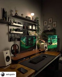 a desk with a computer monitor and keyboard on it