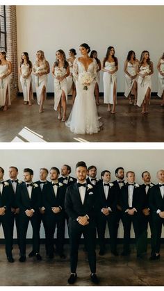 the bride and groom are posing for pictures with their bridal party