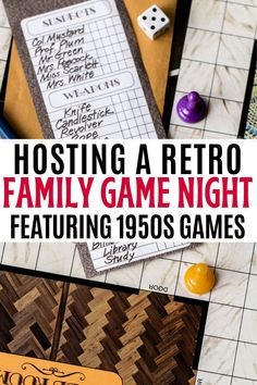 a family game night featuring 1950's games for kids and adults with text overlay reading hosting a retro family game night