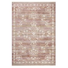 an area rug with flowers and stripes in pink, beige and white colors on the floor