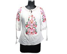 Colour : White Top with floral embroidery  Its a beautiful Women Top which fits to Size - XS,S  Chest- 38'' Length-21 inch '' Fabric : 100% Cotton Breathable Fabric, very soft and comfortable Top. It's a super breathable and soft cotton shirt, light weight, coat collar front vintage slim fit tunic classic top. Occasion : Perfect for your daily wear, outdoor activity, dates and parties....And your occasion is perfect in spring, summer and fall. 💖 Care and love To preserve the allure of this mast White Folk Style Top With Resham Embroidery, White Folk Style Embroidered Top With Resham Embroidery, Spring Fitted Top With Resham Embroidery, Traditional Spring Peasant Top With Embroidered Neckline, Spring Folk Blouse With Chikankari Embroidery, Spring Peasant Top With Multicolor Intricate Embroidery, White Folk Embroidered Top With Floral Print, Folk Style White Blouse With Floral Embroidery, Spring Folk Embroidered Top With Chikankari Embroidery