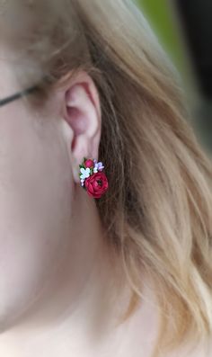 Red Jewellery, Red Peony, Woodland Jewelry, Red Studs, Red Peonies, Garnet Red, Jewelry Flower, Flower Stud Earrings, Red Jewelry