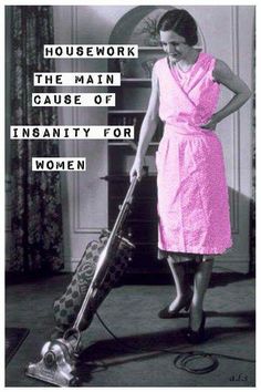 a woman in a pink dress is holding a vacuum and has a quote on it