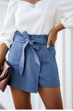 Sky Blue Pocket Sashes Wrap Denim Skirt | Uniqistic.com Wrap Skort, Denim Skort, Skirt Belt, Asymmetrical Skirt, Summer Style Casual, Jeans Rock, Casual Skirt, Wrap Skirt, Skirt Pants