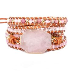 Pink Rose Quartz Stone bracelet intertwined with Genuine leather and sparkling gold and pink 4mm Agate sphere beads. Pink Quartz Bracelet, Crystal Wrap, Precious Gemstones Jewelry, Rose Quartz Heart, Beaded Wrap Bracelets, Rose Quartz Stone, Boho Leather, Protection Bracelet, Beaded Wraps