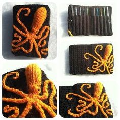 crocheted octopus headbands are shown in four different stages of development, from black to orange