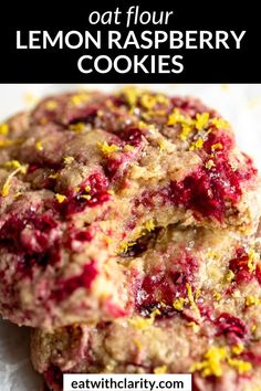 three lemon raspberry cookies stacked on top of each other with text overlay