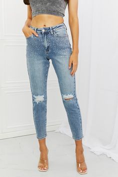 Judy Blue Kate Full Size Slim Fit Rhinestone Jeans | Baylee & Brooke’s Boutique Blue Denim Jeans