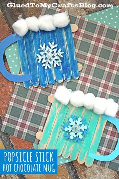 popsicle stick hot chocolate mugs made from popsicle sticks and snowflakes