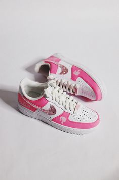 Custom Barbie Pink Air Force 1 with Rhinestones | Hand Painted Hot Pin – solecraftstudio Pink High-top Sneakers With Rhinestones, Sporty Pink Sneakers With Rhinestones, Pink Low-top Sneakers With Glitter Accents, Pink Af1, Pink Air Force 1, Shoe Custom, Barbie Design, Hot Pink Barbie, Hand Spray