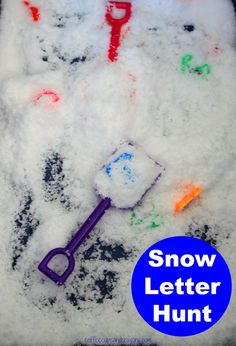 a snow letter hunt is shown in the middle of a pile of snow with a purple shovel