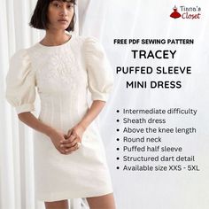 a woman in a white dress with the text free sewing pattern tracey puffed sleeve mini dress