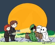 two people are sitting on the ground with ghost in front of them and one is holding a cup