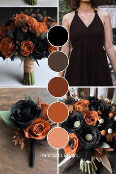 an orange and black bridal bouquet is shown in three different pictures, including the bride's bouquet