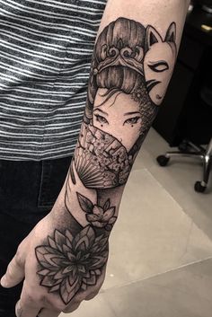 a person with a tattoo on their arm that has an image of a geisha