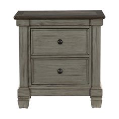 a gray nightstand with two drawers and one drawer on the bottom, in front of a white background