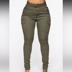 Skinny Stretch Cargo Pants With Belt Included Khaki Stretch Mid-rise Bottoms, High Rise Stretch Bottoms With Cargo Pockets, Fitted Khaki Long Pants, High Rise Stretch Khaki Pants, Khaki High Rise Stretch Pants, Mid-rise Stretch Cargo Bottoms, Stretch Cargo Style Mid-rise Bottoms, Trendy Fitted Khaki Bottoms, Fitted Khaki High-waisted Pants