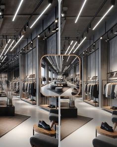 the inside of a clothing store with clothes on display