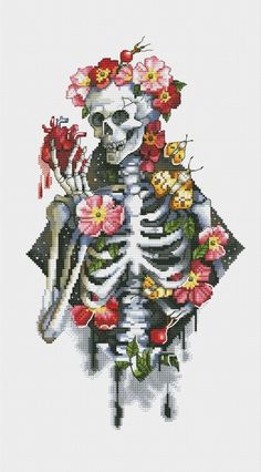 a cross stitch skeleton with flowers on it's head, holding a flower bouquet