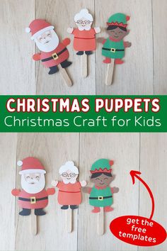 christmas puppets made out of popsicle sticks with santa and snowmen on them for kids to make